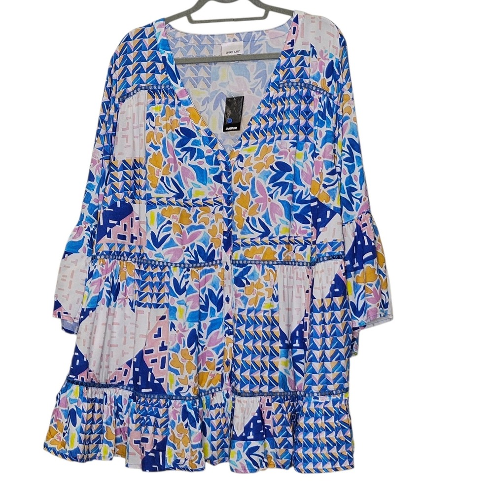 Avenue NWT Women's Plus Size 22 24 Abstract Geometric Floral Tiered Ruffle‎ boho